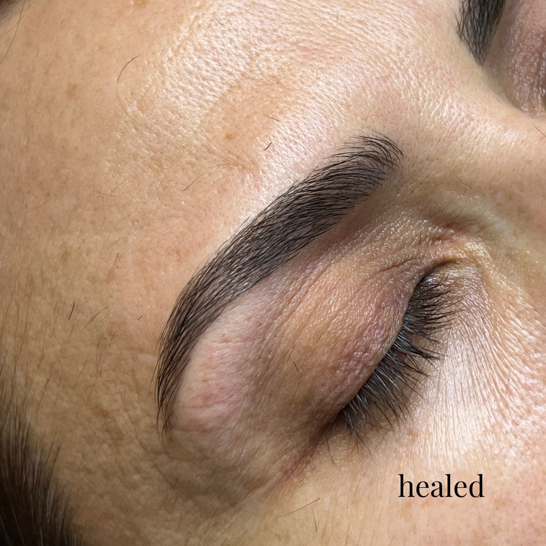 Close-up of a healed permanent makeup eyebrow