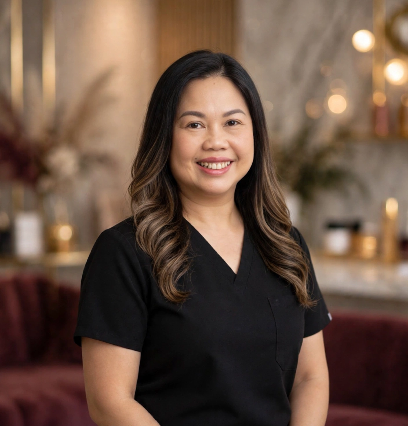 Sheila, permanent makeup artist at Brows by Sheila, wearing black medical attire in her studio