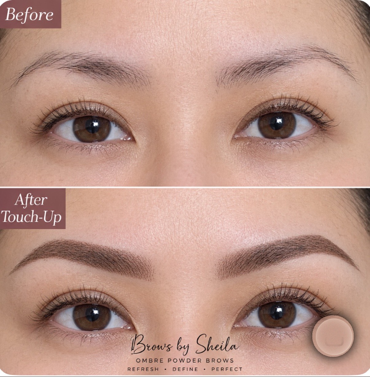 Before and after 6–8 week touch-up ombré powder brows by Sheila